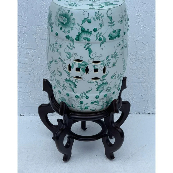 Vintage Antique Chinese Green White Porcelain Floral Garden Stool Plant Stand - Picture 2 of 15